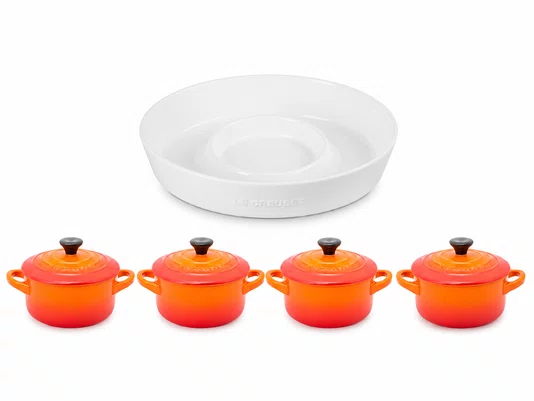 Kit Prato de Aperitivo Branco e 4 Mini Cocottes Laranja Le Creuset