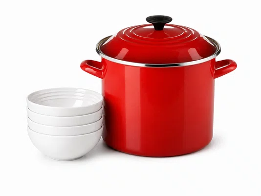 Kit Stock Pot 26 cm Vermelho e 4 Bowls para Cereal 16 cm Branco Le Creuset