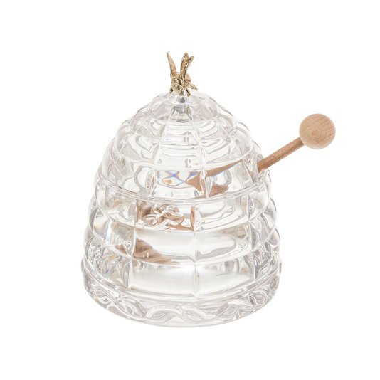 Pote Para Mel de Cristal com Pegador de Madeira Abelha Bohemia 11,5 cm
