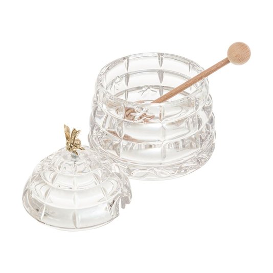 Pote Para Mel de Cristal com Pegador de Madeira Abelha Bohemia 11,5 cm