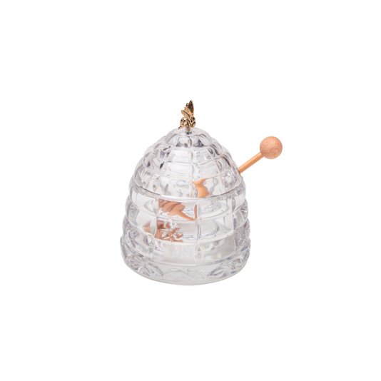 Pote Para Mel de Cristal com Pegador de Madeira Abelha Bohemia 11,5 cm