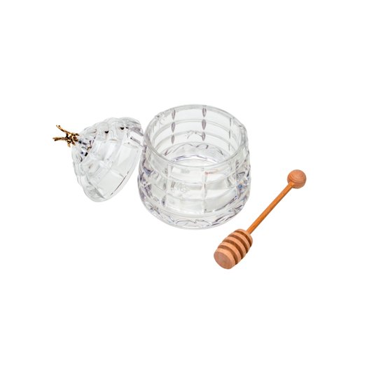 Pote Para Mel de Cristal com Pegador de Madeira Abelha Bohemia 11,5 cm