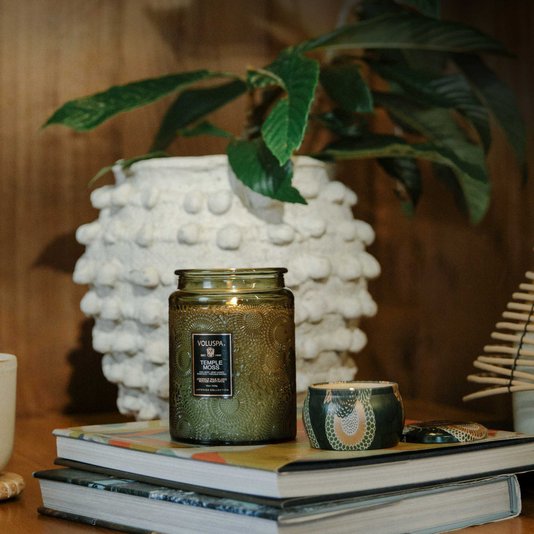 Mini Vela Pote Vidro Relevo 50H Temple Moss Voluspa