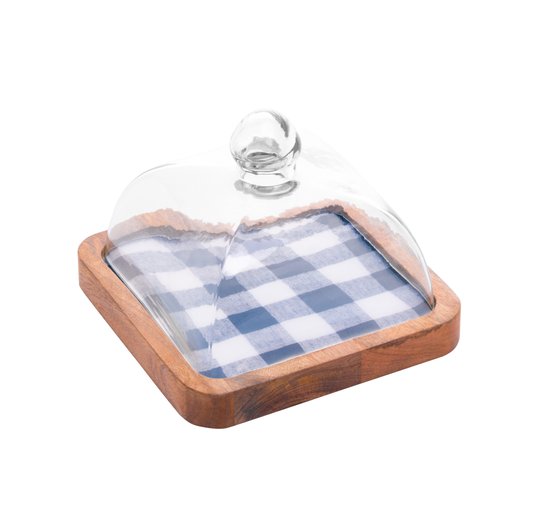Queijeira de Madeira com Tampa de Vidro Xadrez Bon Gourmet 19x14cm