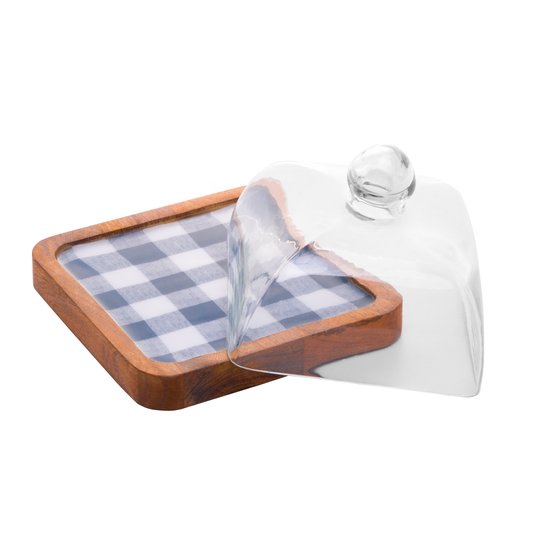 Queijeira de Madeira com Tampa de Vidro Xadrez Bon Gourmet 19x14cm