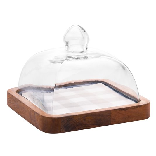 Queijeira de Madeira com Tampa de Vidro Xadrez Bon Gourmet 19x14cm