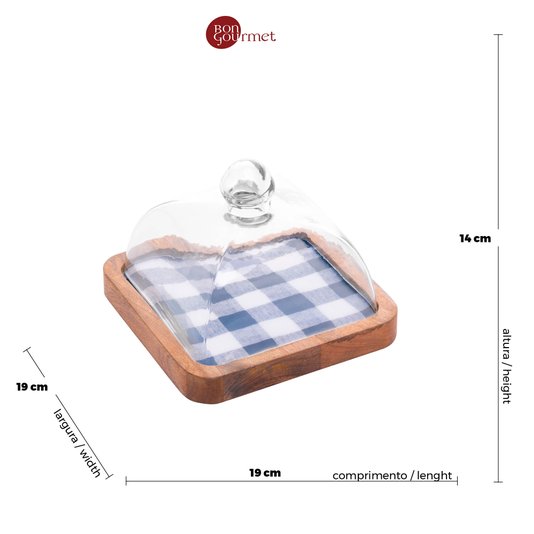 Queijeira de Madeira com Tampa de Vidro Xadrez Bon Gourmet 19x14cm