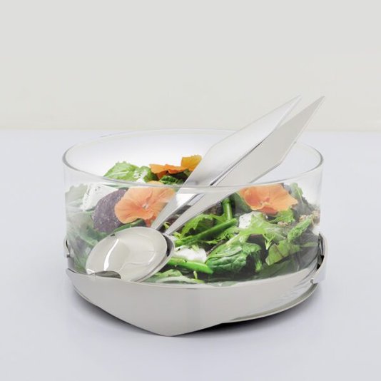 Saladeira Salva Com Talheres Ouro Riva Prataria