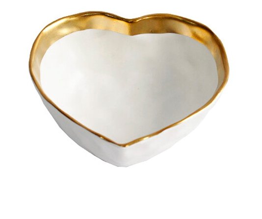 Tigela Coração Porcelana Branca e Dourada 17 cm