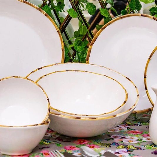 Tigela Grande Bambu Scalla Cerâmica Branco 9,5 x 27,5cm