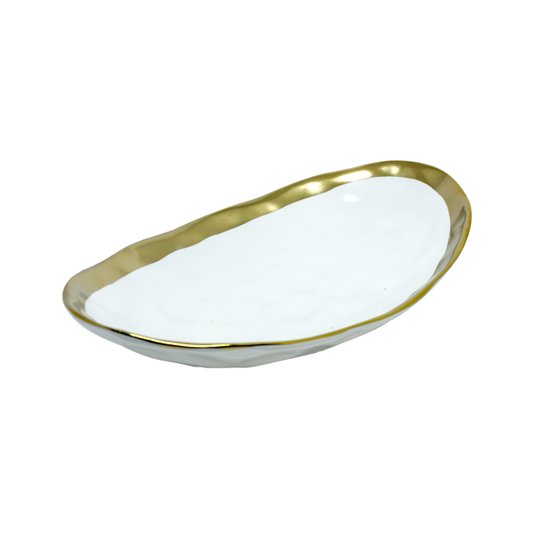 Travessa em Porcelana Branca com Borda Dourada Belini Home Design 25 x 14,5 cm