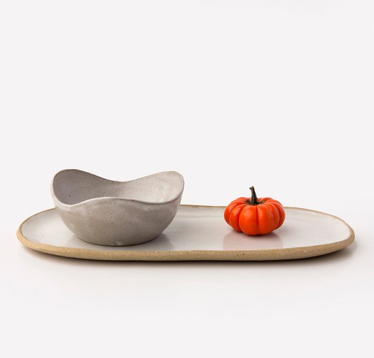 Travessa para Biscoito Pequena em Cerâmica Luli Ateliê Branco 24 x 11 cm