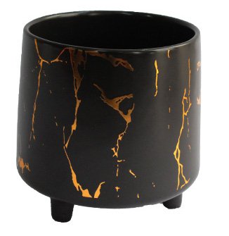 Vaso Cerâmica Marmorizado Preto e Dourado 12 cm