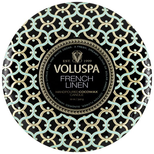 Vela 3 Pavios Lata French Linen Voluspa 60 Horas