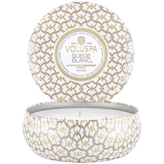 Vela 3 Pavios Lata Suede Blanc Voluspa 60 horas