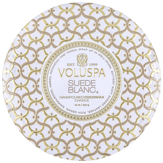 Vela 3 Pavios Lata Suede Blanc Voluspa 60 horas
