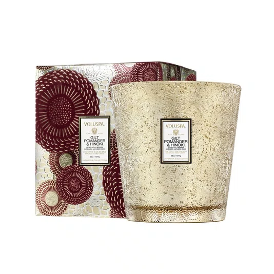Vela Pedestal 3 Pavios Gilt Pomander e Hinoki Voluspa 80 Horas
