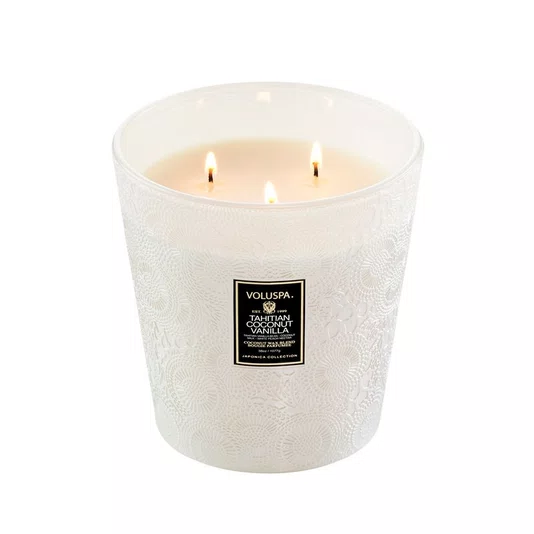 Vela Vaso Pedestal 3 Pavios Tahitian Coconut Vanilla Voluspa 80 Horas
