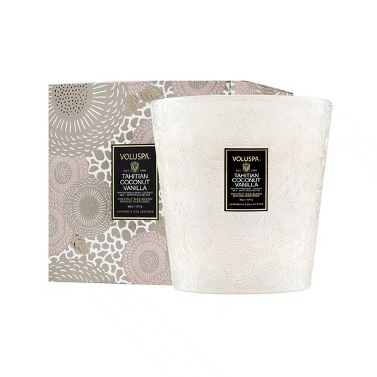 Vela Vaso Pedestal 3 Pavios Tahitian Coconut Vanilla Voluspa 80 Horas