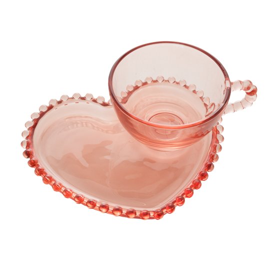 Xícara Com Pires Coração Cristal Pearl Wolff Rosa 180ml
