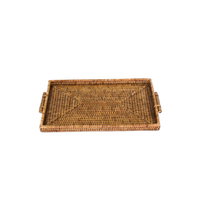 Bandeja em Rattan com Alça de Madeira Kanthaia Natural Home 38 x 26 cm