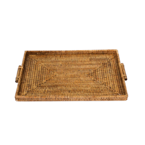 Bandeja em Rattan com Alça de Madeira Kanthaia Natural Home 43 x 31 cm