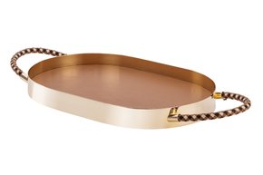 Bandeja Oval Rapunzel Couro Caramelo St James Ouro 60 x 40 cm