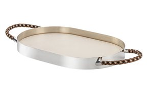Bandeja Oval Rapunzel Couro Off White St James Prata 60 x 40 cm