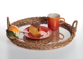 Bandeja Redonda M Junco Natural com Laranja