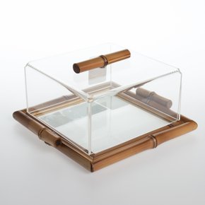 Bandeja Reta Bambu com Vidro e Tampa de Acrílico P Sweet Home Decor