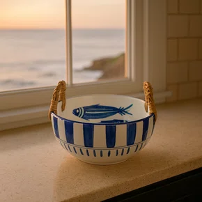 Bowl Redondo em Cerâmica com Alças em Junco Peixes 19 cm