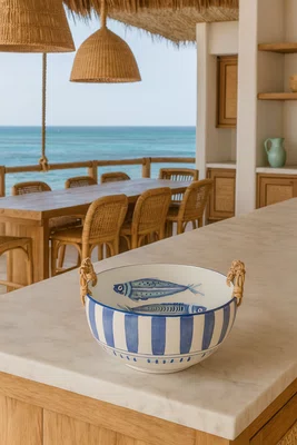 Bowl Redondo em Cerâmica com Alças em Junco Peixes 34 cm