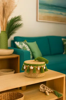 Caixa Redonda Em Palha Entrecasa Verde 20 cm