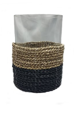 Castiçal em Fibra Natural com Vidro Thay Thay Natural e Preto 20 cm