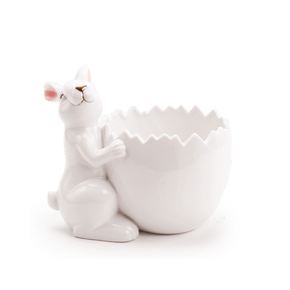 Coelho Segurando Pote Ovo Decorativo em Cerâmica Cromus Branco