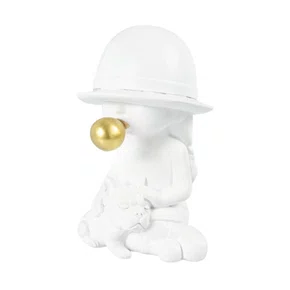 Escultura em Resina Menina com Cachorro Lucatti Branco e Dourado