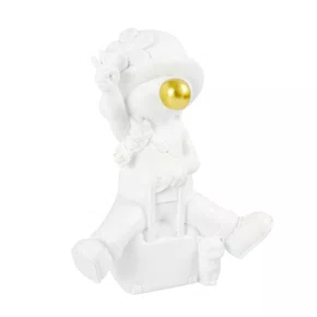 Escultura em Resina Menina com Mala e Gato Lucatti Branco e Dourado