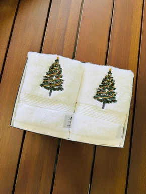 Jogo 02 Toalhas Lavabo Arvore de Natal 30x50 com Caixa