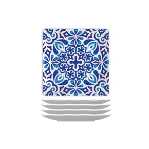 Jogo de 4 Pratos Canapés em Melamina Indigo Seas Michel Design 15,2x15,2x2,5cm