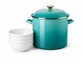 Kit Stock Pot 26 cm Bleu Riviera e 4 Bowls para Cereal 16 cm Branco Le Creuset